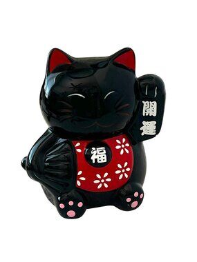 Lucky Black Maneki Neko Cat Figurine With Red Accents - Ceramic 6" Tall Japan